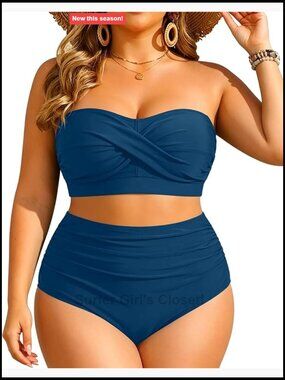 Plus Size Two Piece Bandeau Bikini High Waisted Tummy Control Swimwear